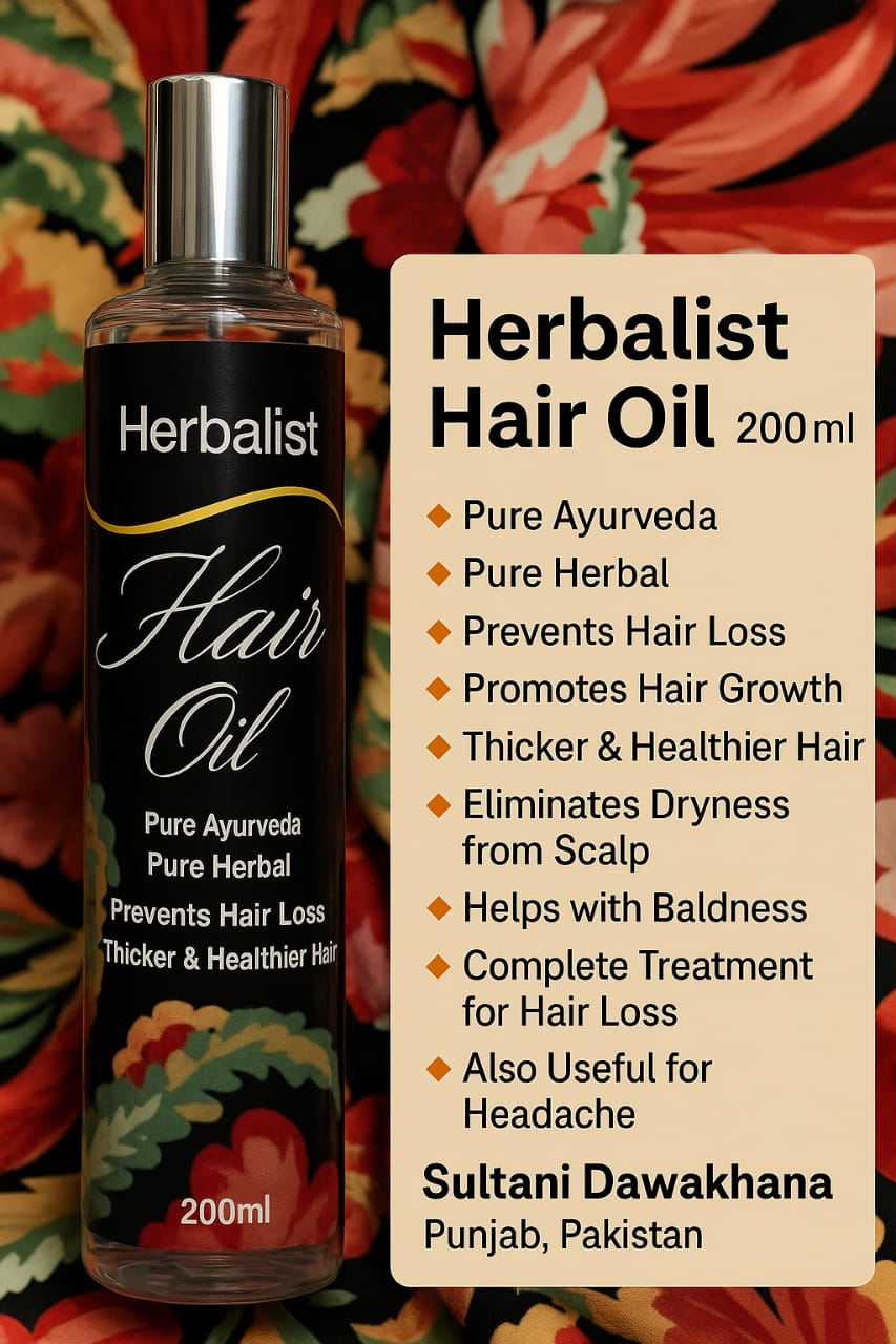 Herbalist Hair Oil bottle with product details on a colorful background